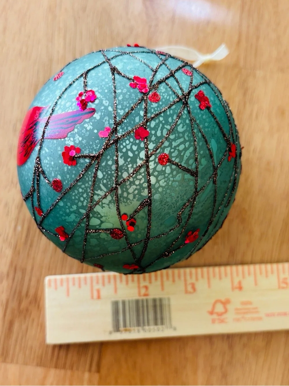 Hand-Painted Green Glass Ornament with Red Cardinal